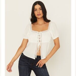 Boho Western A.T.A.P. Square Neck Lace-Trim Tie-Front White Blouse